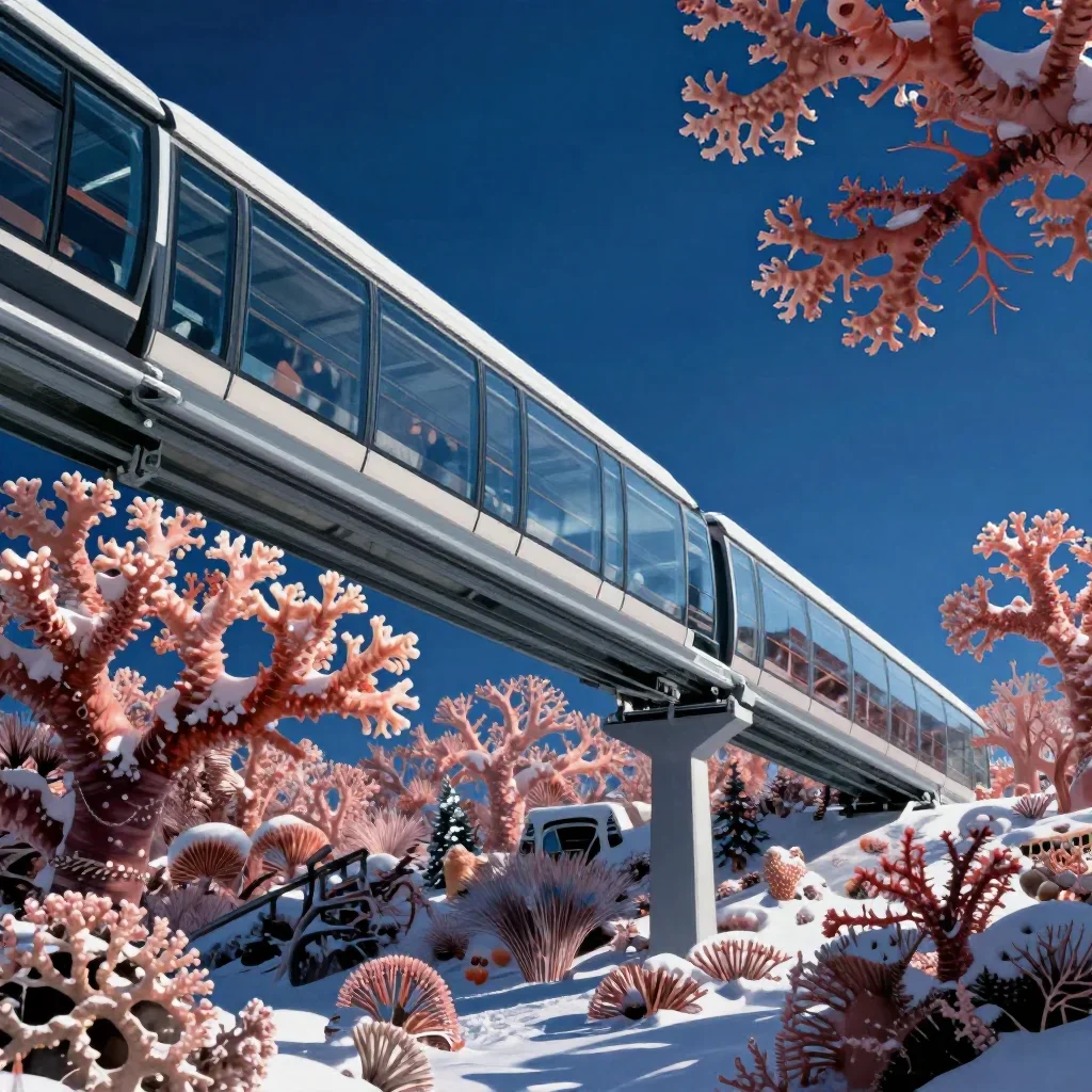 a glass monorail in crisp winter sunlight, refined editorial travel photography, careful geometric composition, coral an