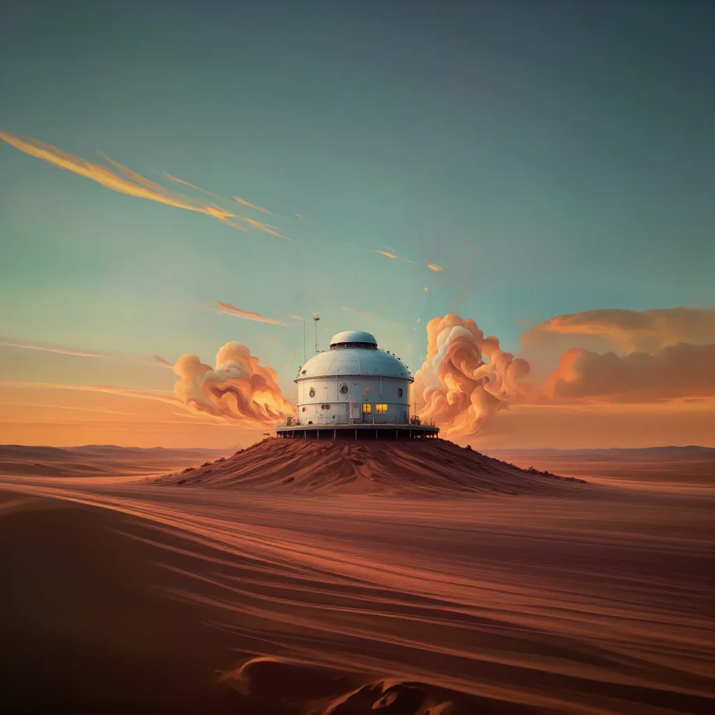 a desert research station in quiet late-afternoon haze, dreamlike fine-art landscape photography, restrained color harmony, terracotta and pale sky blue palette, no people, no text, no logo, no watermark
