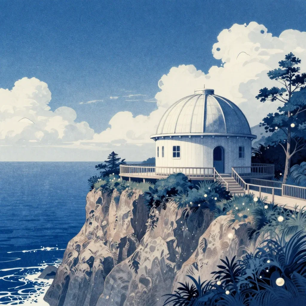 a cliffside observatory in a gentle sea breeze, Japanese woodblock-inspired editorial art, clean natural textures, indig