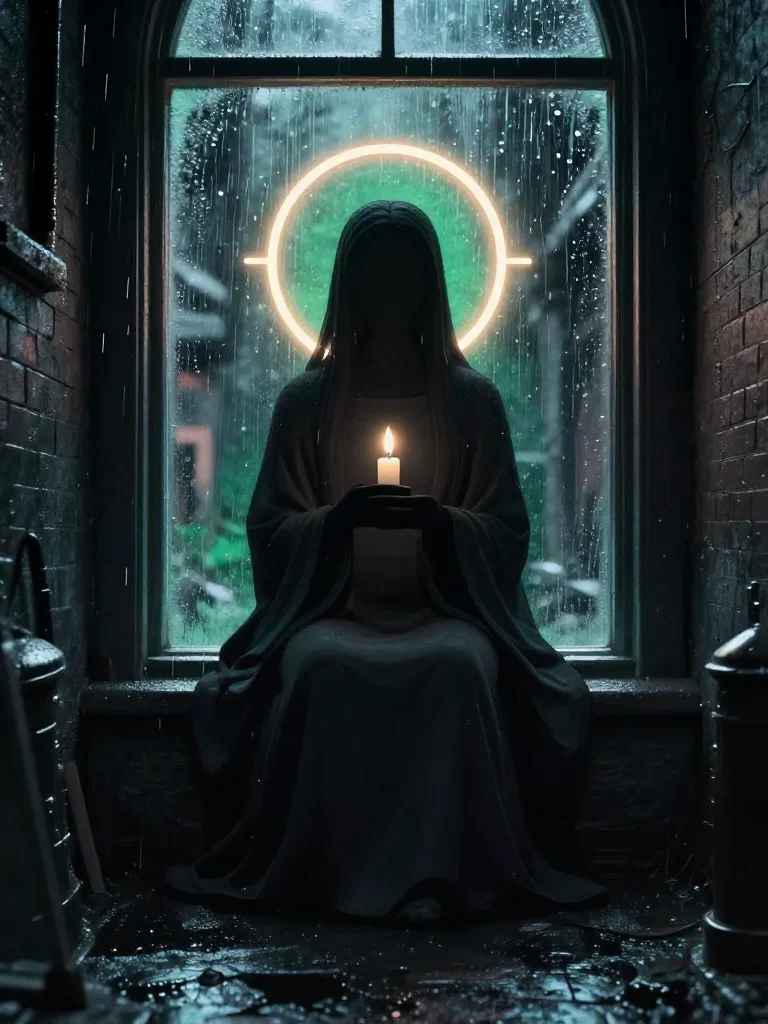 a celestial priestess with haloed candlelight in a seated silhouette against a window, in a rain-slick neon alley, edito