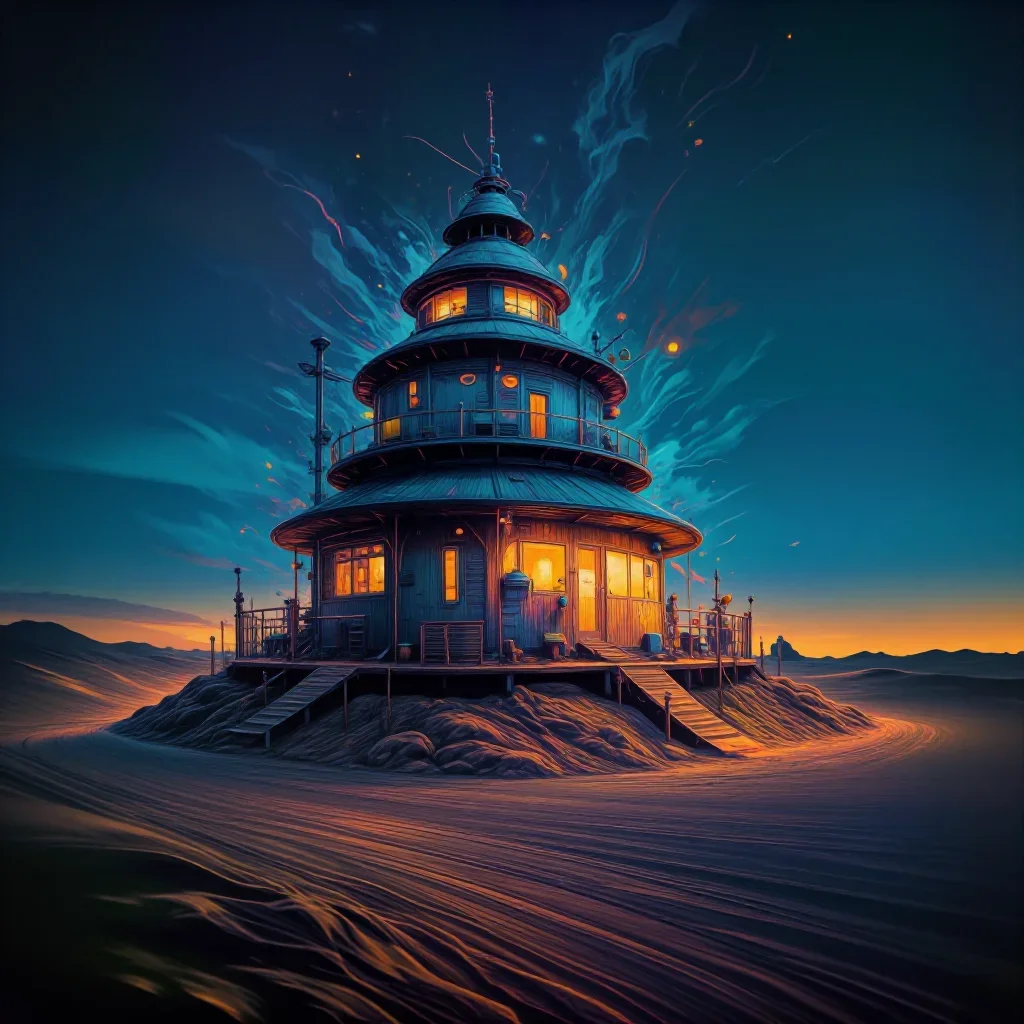 a desert research station at blue hour, Japanese woodblock-inspired editorial art, restrained color harmony, cobalt and 