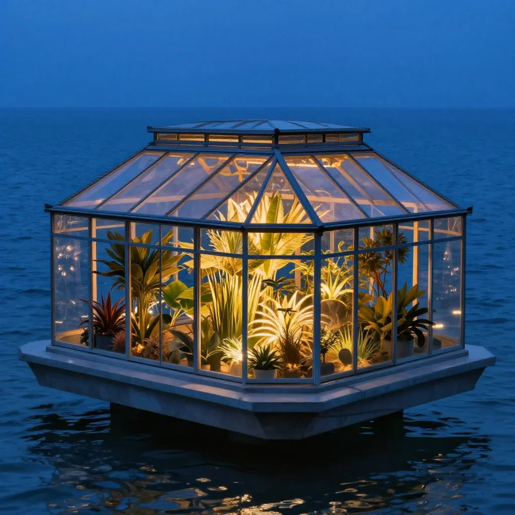 a floating botanical conservatory in a gentle sea breeze, museum-quality still-life photography, careful geometric compo