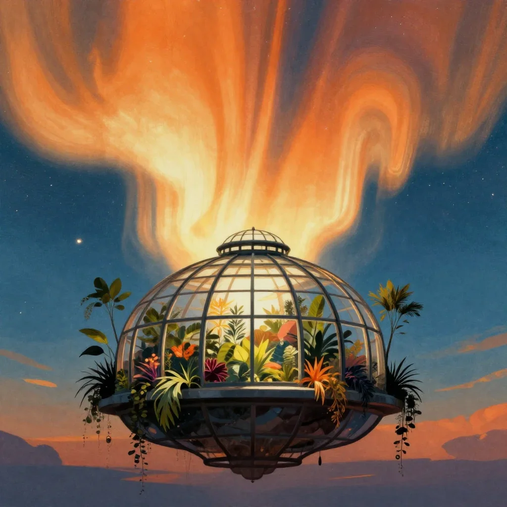 a floating botanical conservatory beneath an aurora, modernist poster illustration, subtle film grain, ochre and ultrama