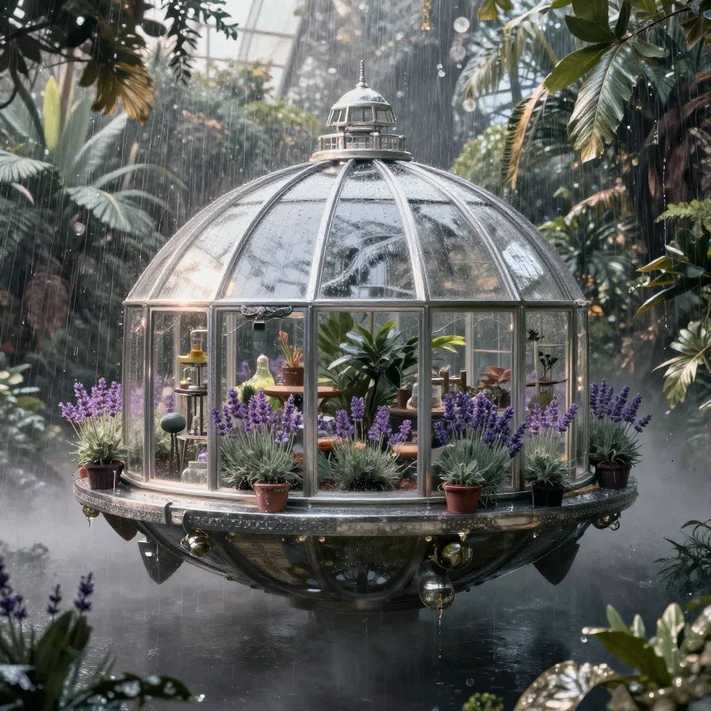 a floating botanical conservatory after warm summer rain, quiet science-fiction concept art, clean natural textures, lav