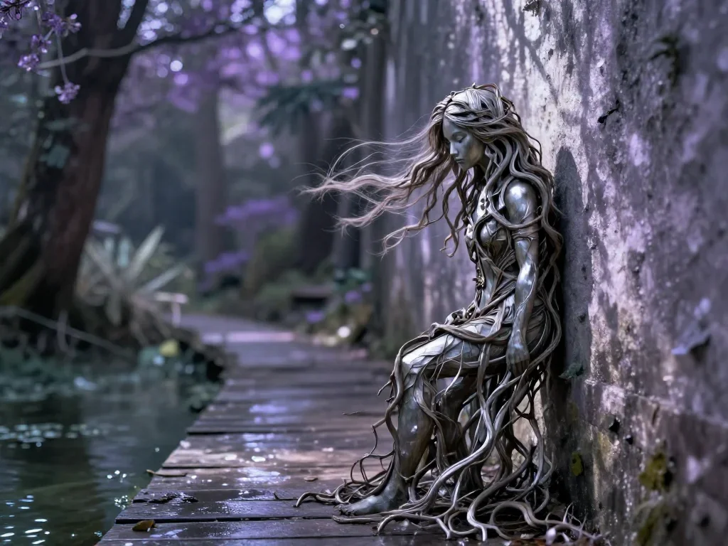 a dryad with vine-woven hair in a forest pool in a wind-swept lean against a wall, on a storm-washed boardwalk, cinemati