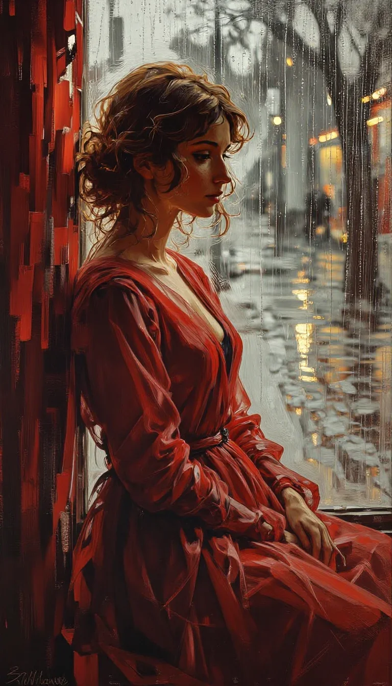 a lover leaning against rain-streaked glass in a seated silhouette against a window, on a storm-washed boardwalk, Renais