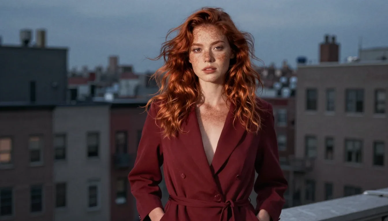 a muse with freckles and wind-tousled copper hair standing tall with hands in pockets, in a blue-hour city apartment, so