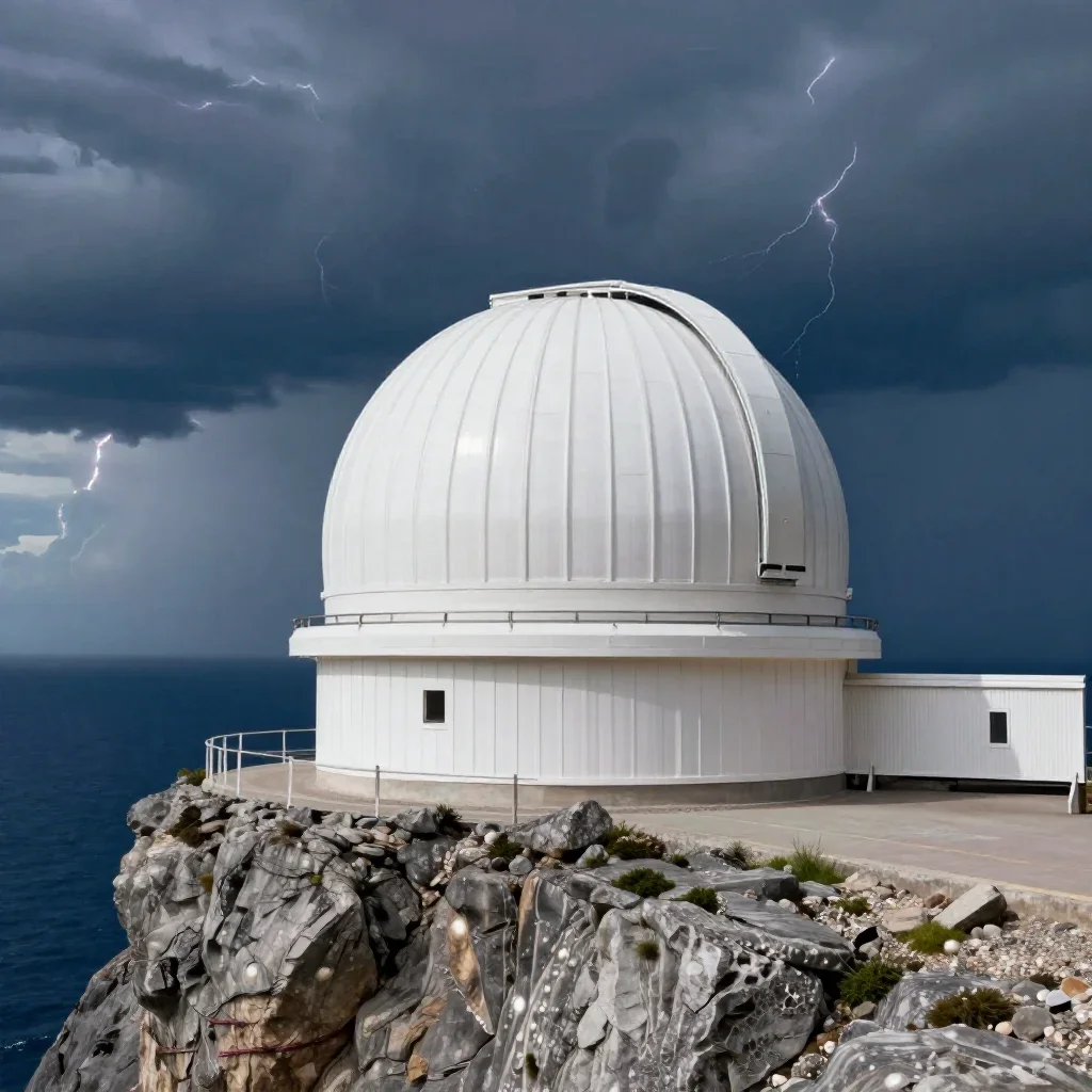 a cliffside observatory after a distant thunderstorm, cinematic architectural photography, clean natural textures, indig