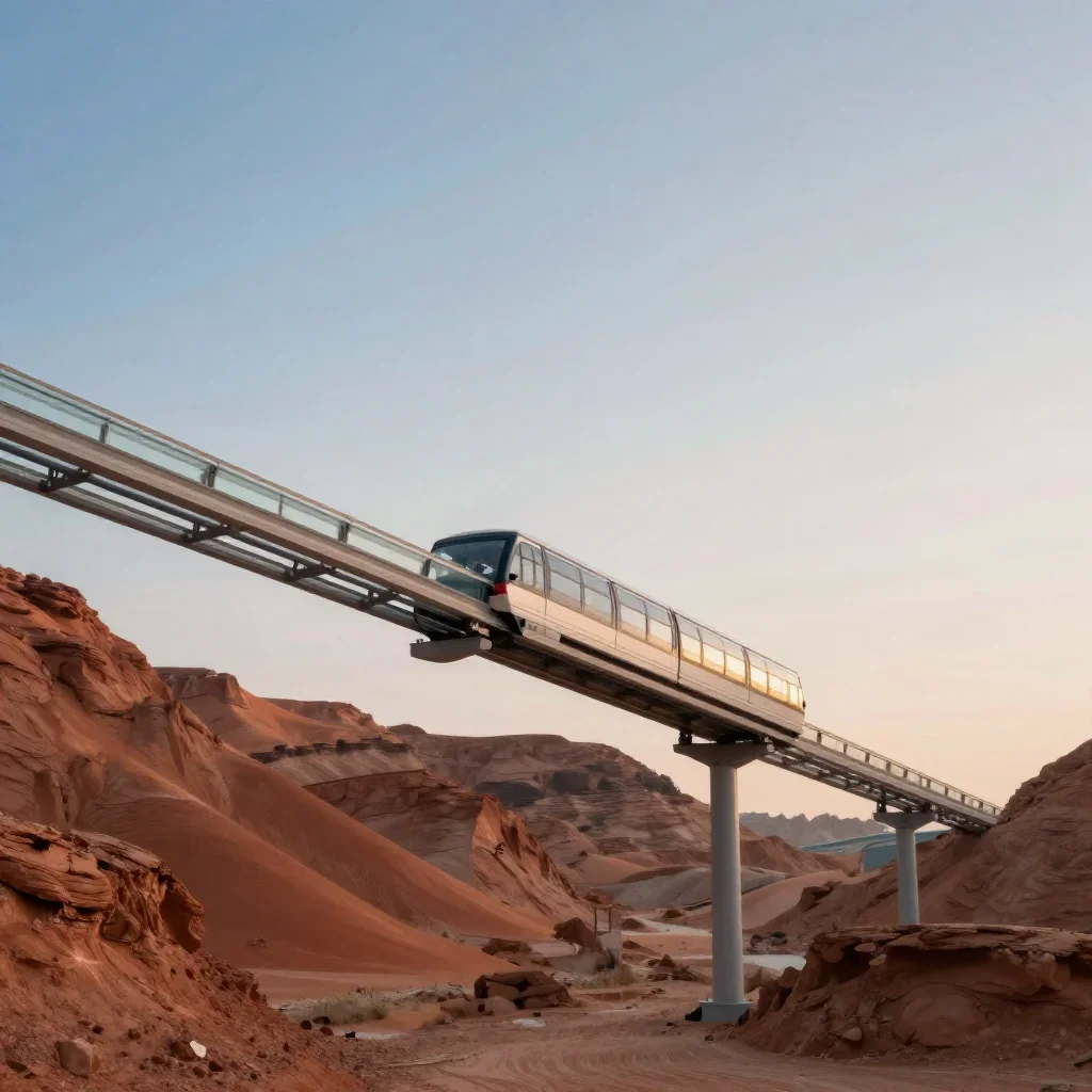 a glass monorail in crisp winter sunlight, dreamlike fine-art landscape photography, atmospheric depth, terracotta and p