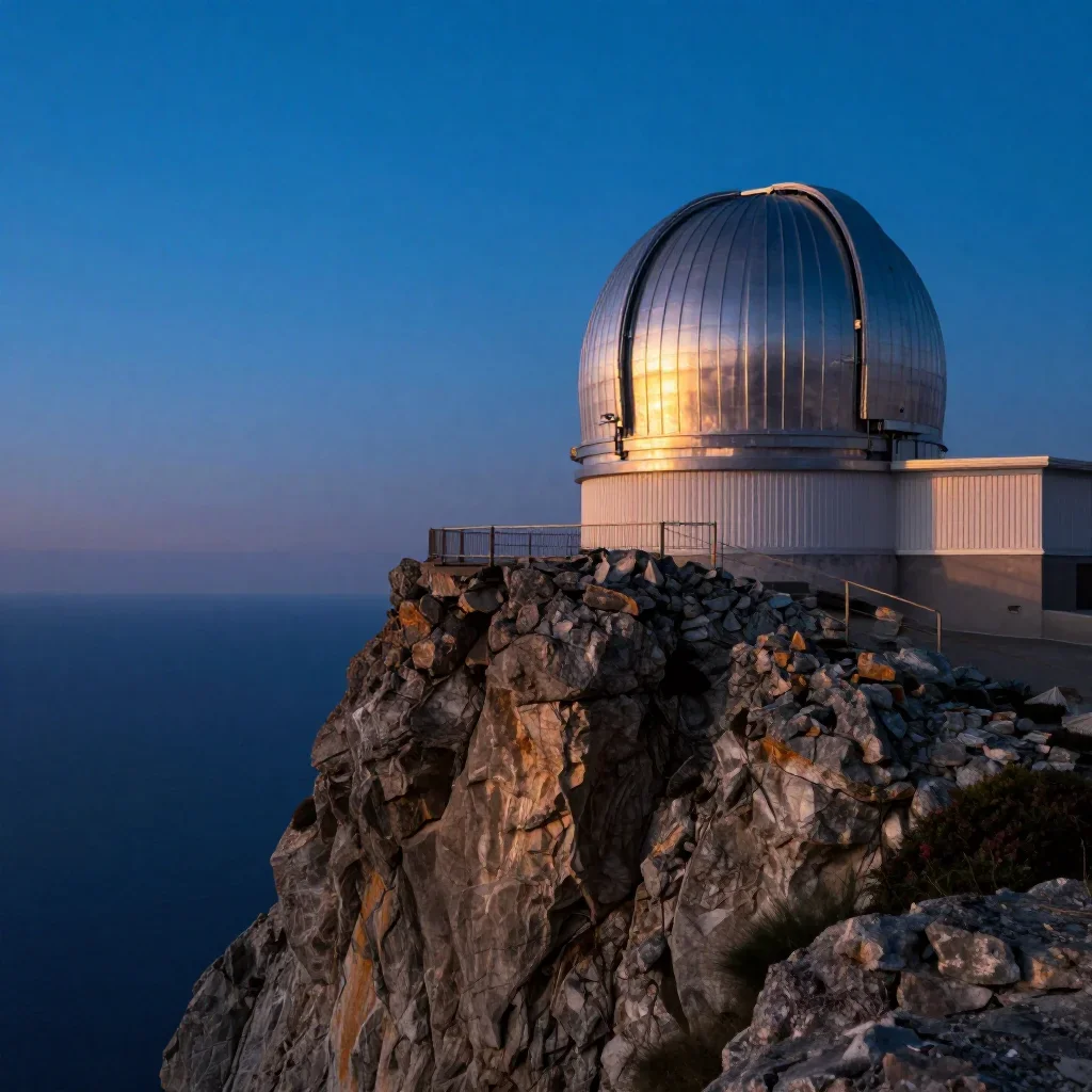 a cliffside observatory at blue hour, dreamlike fine-art landscape photography, gentle reflected light, cobalt and amber