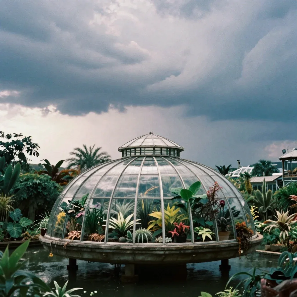 a floating botanical conservatory after a distant thunderstorm, soft-grain analog film photography, soft volumetric ligh