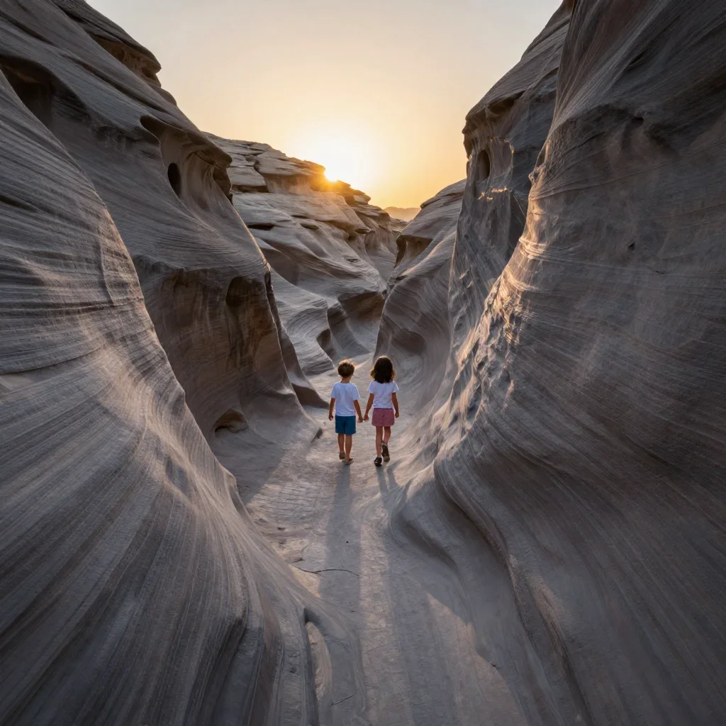 a wind-carved sandstone valley during golden hour, refined editorial travel photography, crisp material detail, garnet a