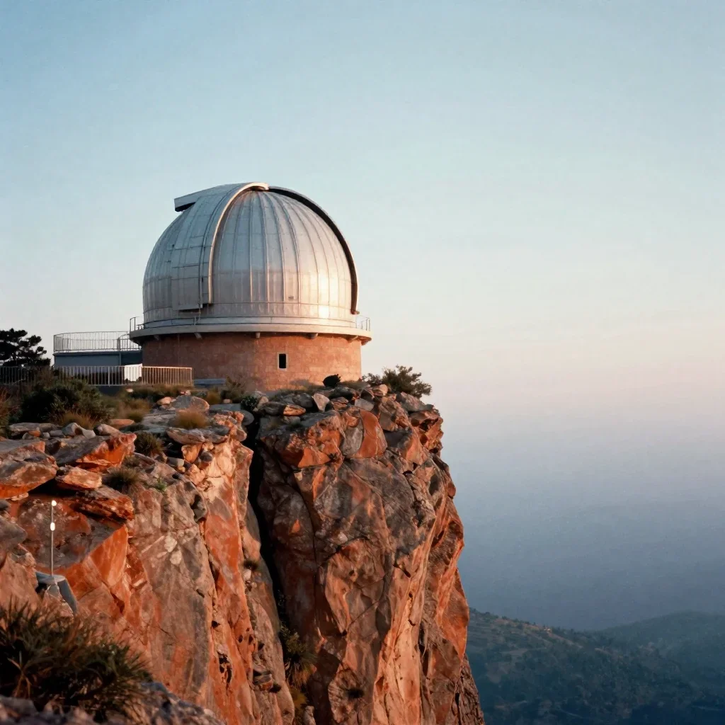 a cliffside observatory after warm summer rain, quiet science-fiction concept art, subtle film grain, terracotta and pal