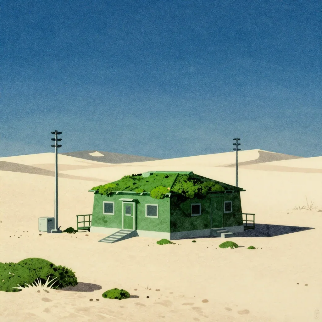 a desert research station at blue hour, Japanese woodblock-inspired editorial art, clean natural textures, moss green and cream palette, no people, no text, no logo, no watermark