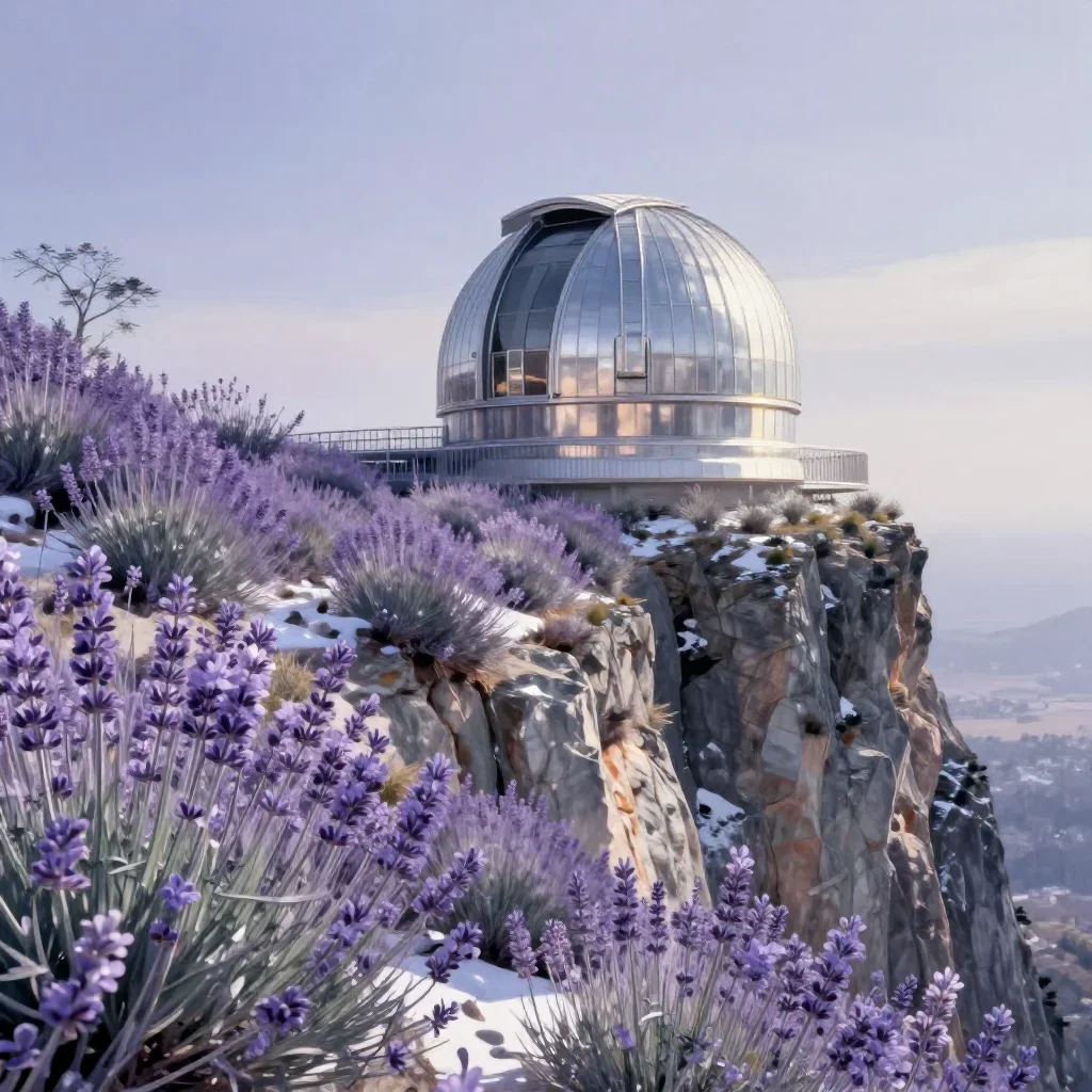 a cliffside observatory in crisp winter sunlight, contemporary botanical illustration, gentle reflected light, lavender 