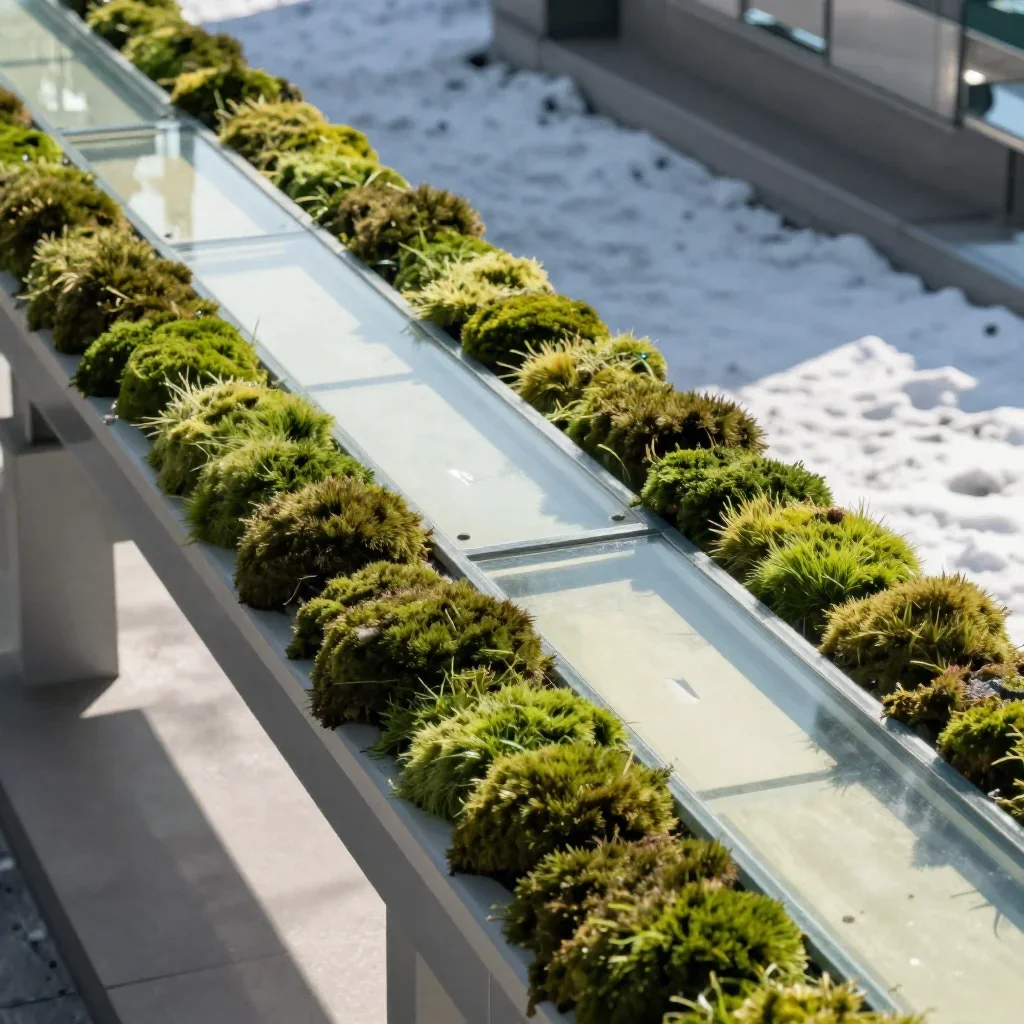 a glass monorail in crisp winter sunlight, museum-quality still-life photography, careful geometric composition, moss gr