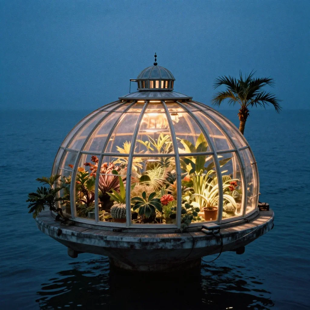 a floating botanical conservatory in a gentle sea breeze, quiet science-fiction concept art, subtle film grain, cobalt a