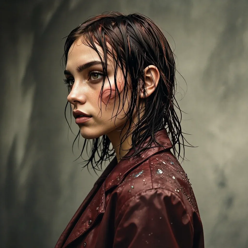 a streetwear influencer with wet-look hair in a dramatic three-quarter profile, in a smoke-lit photo studio, editorial g
