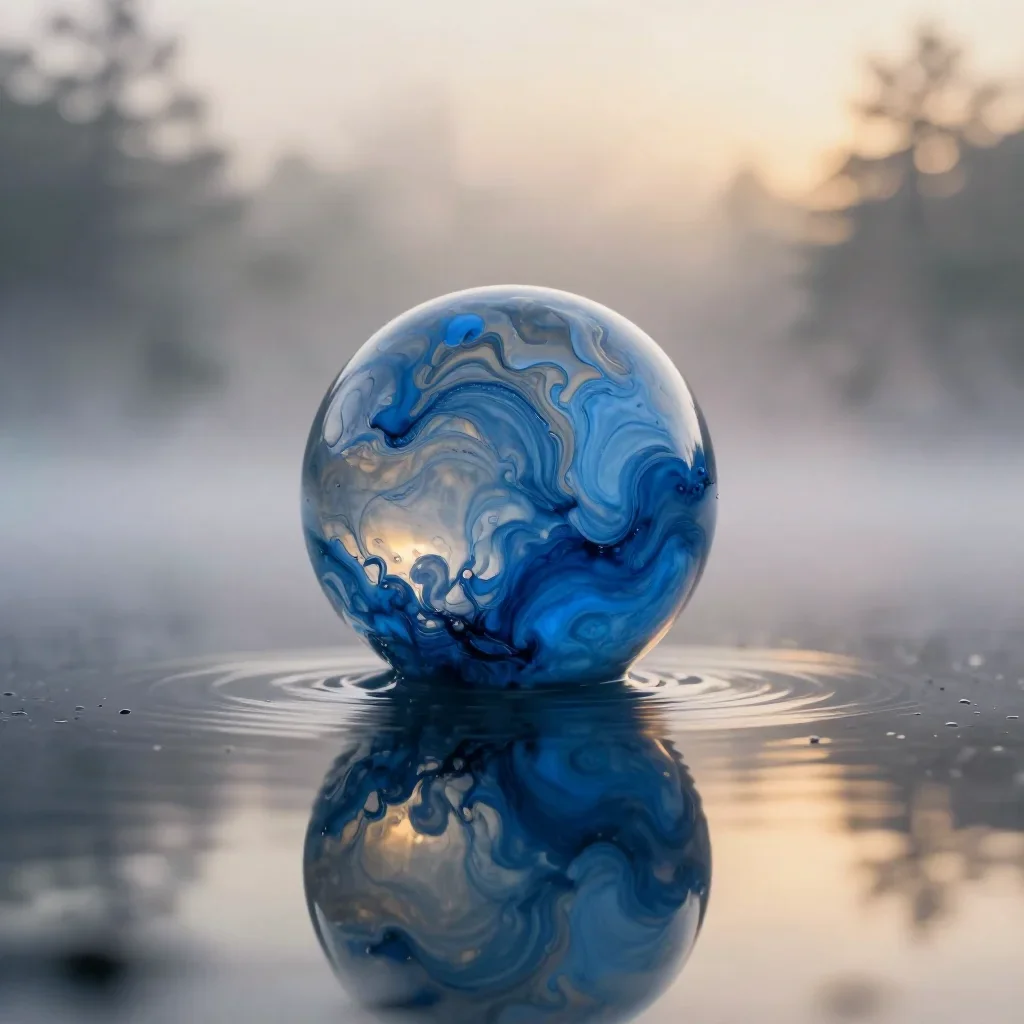 a fluid marble and ink composition in early spring mist, dreamlike fine-art landscape photography, gentle reflected ligh