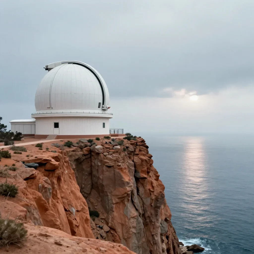 a cliffside observatory under overcast coastal light, quiet science-fiction concept art, gentle reflected light, terraco