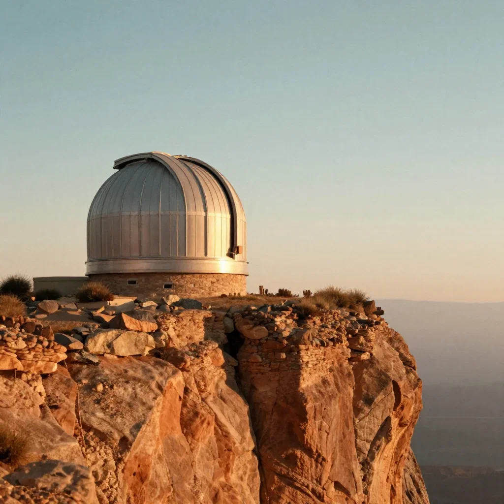 a cliffside observatory during golden hour, dreamlike fine-art landscape photography, subtle film grain, terracotta and