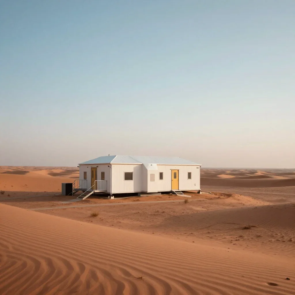 a desert research station in quiet late-afternoon haze, dreamlike fine-art landscape photography, clean natural textures
