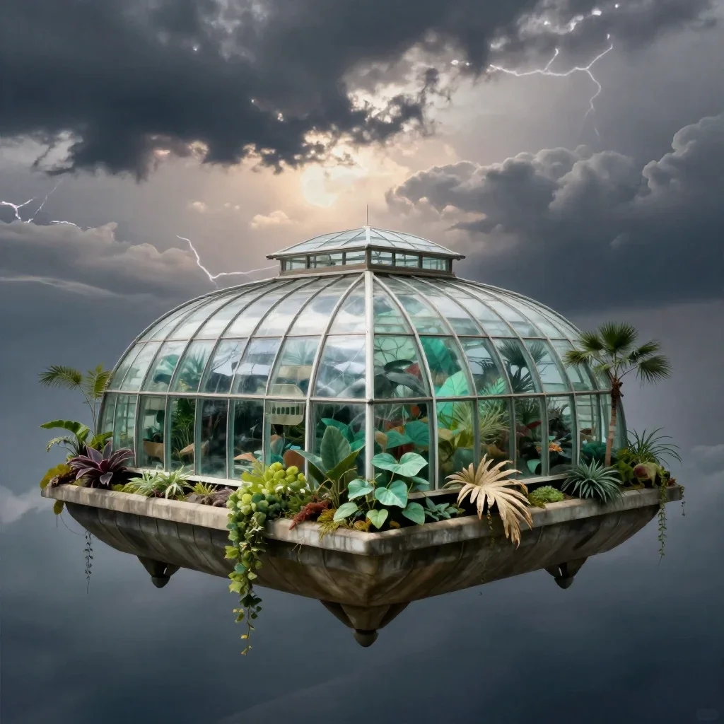 a floating botanical conservatory after a distant thunderstorm, dreamlike fine-art landscape photography, soft volumetri