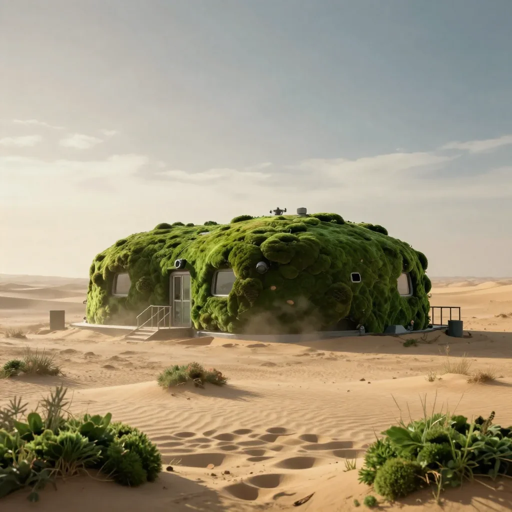 a desert research station in quiet late-afternoon haze, high-end design magazine photography, atmospheric depth, moss gr