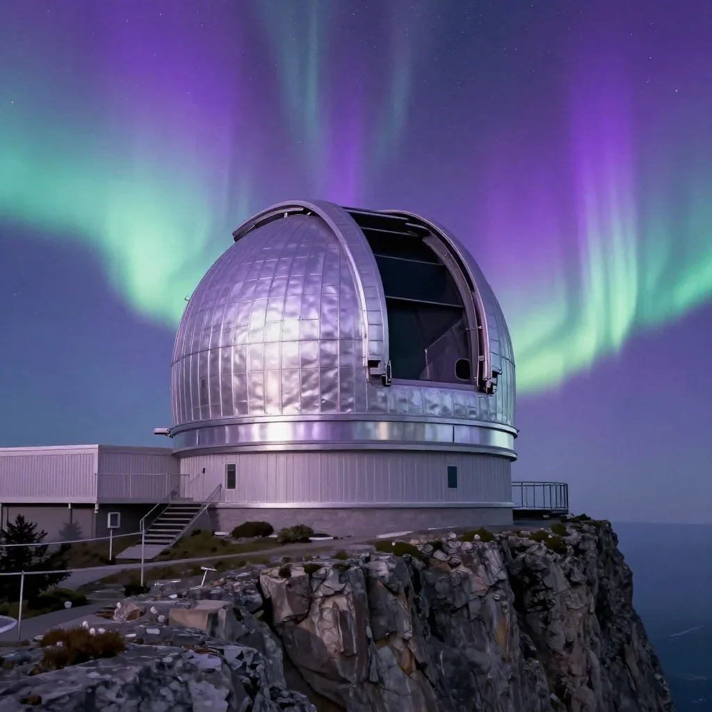 a cliffside observatory beneath an aurora, cinematic architectural photography, crisp material detail, lavender and silv