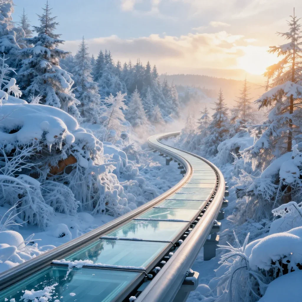 a glass monorail in crisp winter sunlight, dreamlike fine-art landscape photography, atmospheric depth, ice blue and war