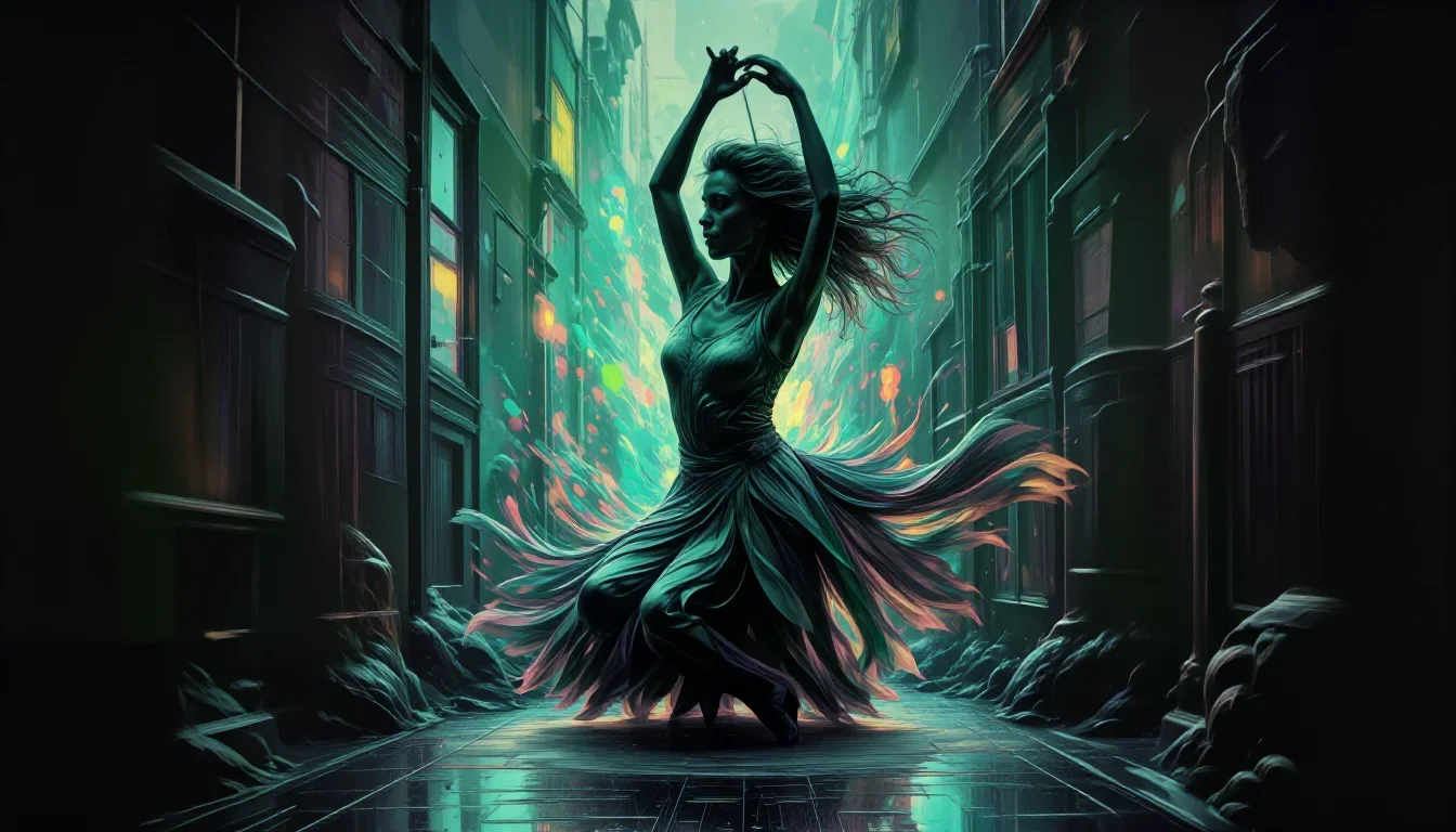 a dancer mid-spin in a silk maxi dress in a seated silhouette against a window, in a rain-slick neon alley, high-fashion