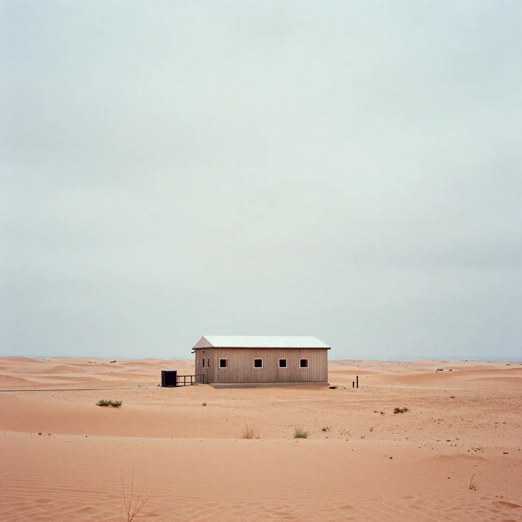 a desert research station under overcast coastal light, Japanese woodblock-inspired editorial art, subtle film grain, te