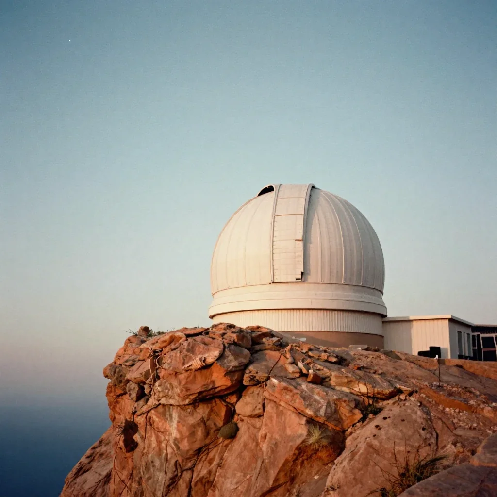 a cliffside observatory beneath a star-filled sky, soft-grain analog film photography, subtle film grain, terracotta and