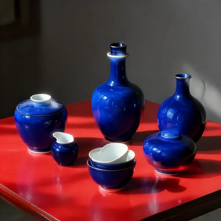 Cobalt ceramic vessels arranged on a red lacquer table, hard afternoon shadows, refined still life, no text