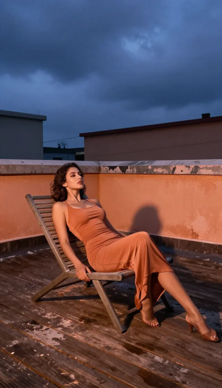 a muse on a rooftop at dusk in a body-con dress reclining elegantly on a chaise, on a storm-washed boardwalk, Vogue-styl