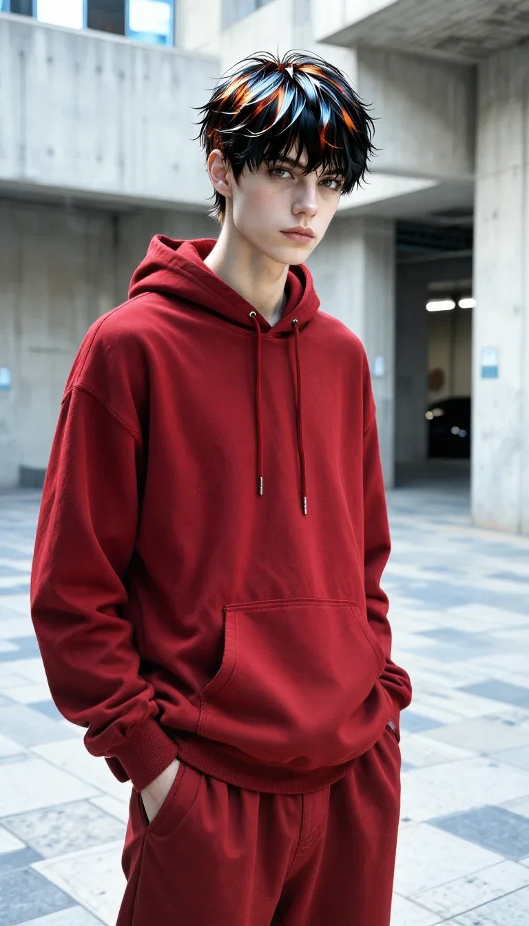 a streetwear influencer with wet-look hair standing tall with hands in pockets, in a brutalist concrete atrium, high-fas
