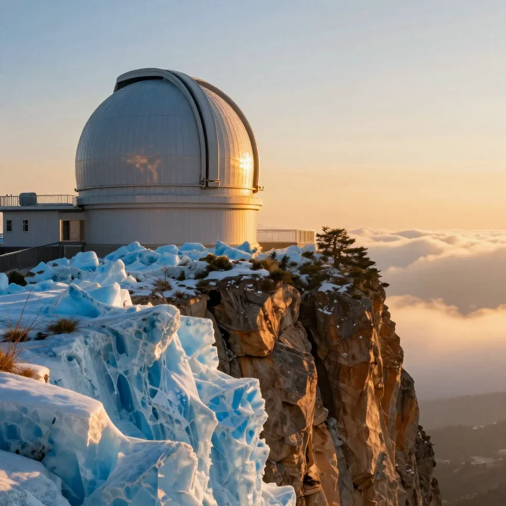 a cliffside observatory during golden hour, dreamlike fine-art landscape photography, soft volumetric light, ice blue an