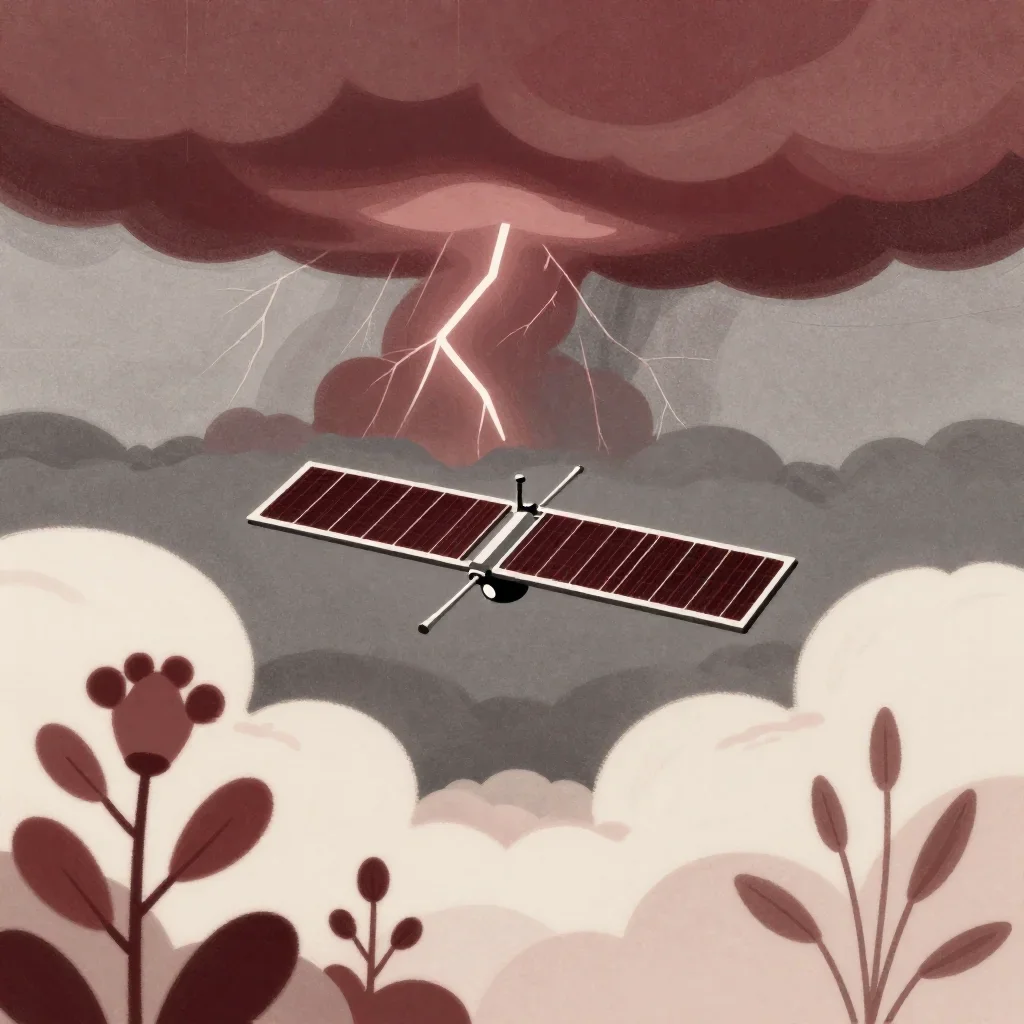 a solar sail above cloud layers after a distant thunderstorm, contemporary botanical illustration, restrained color harm