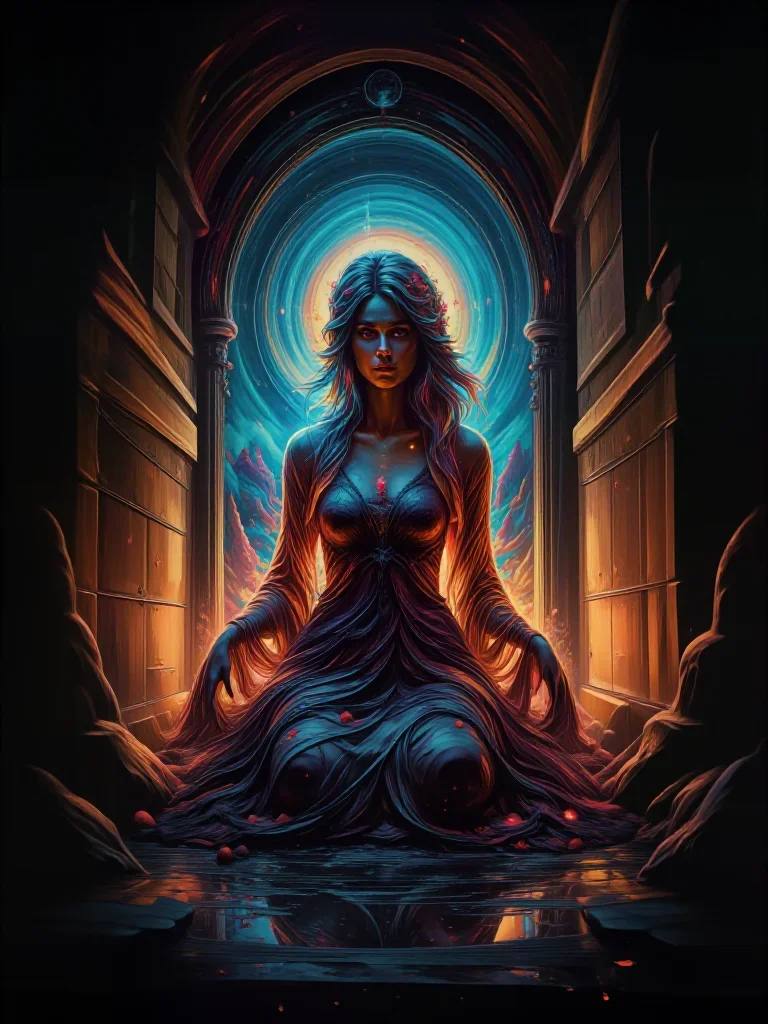 a celestial priestess with haloed candlelight in a seated silhouette against a window, on a neon-lit rooftop at midnight, editorial glamour photography, layered foreground framing, ice blue and warm cedar palette, no...