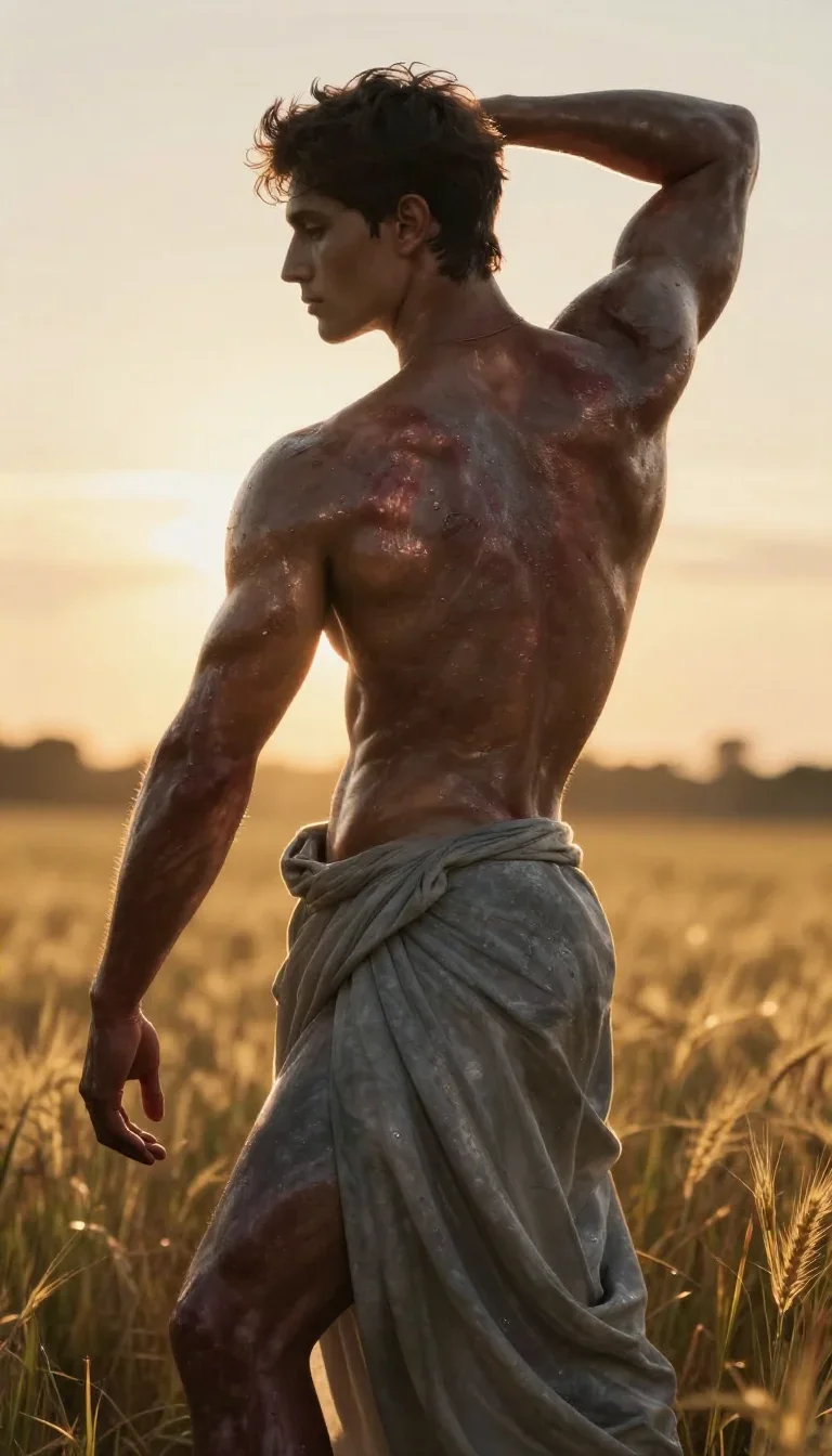 a chiseled athlete in dramatic rim light, oiled skin in a graceful contrapposto pose, in a backlit golden-hour field, my