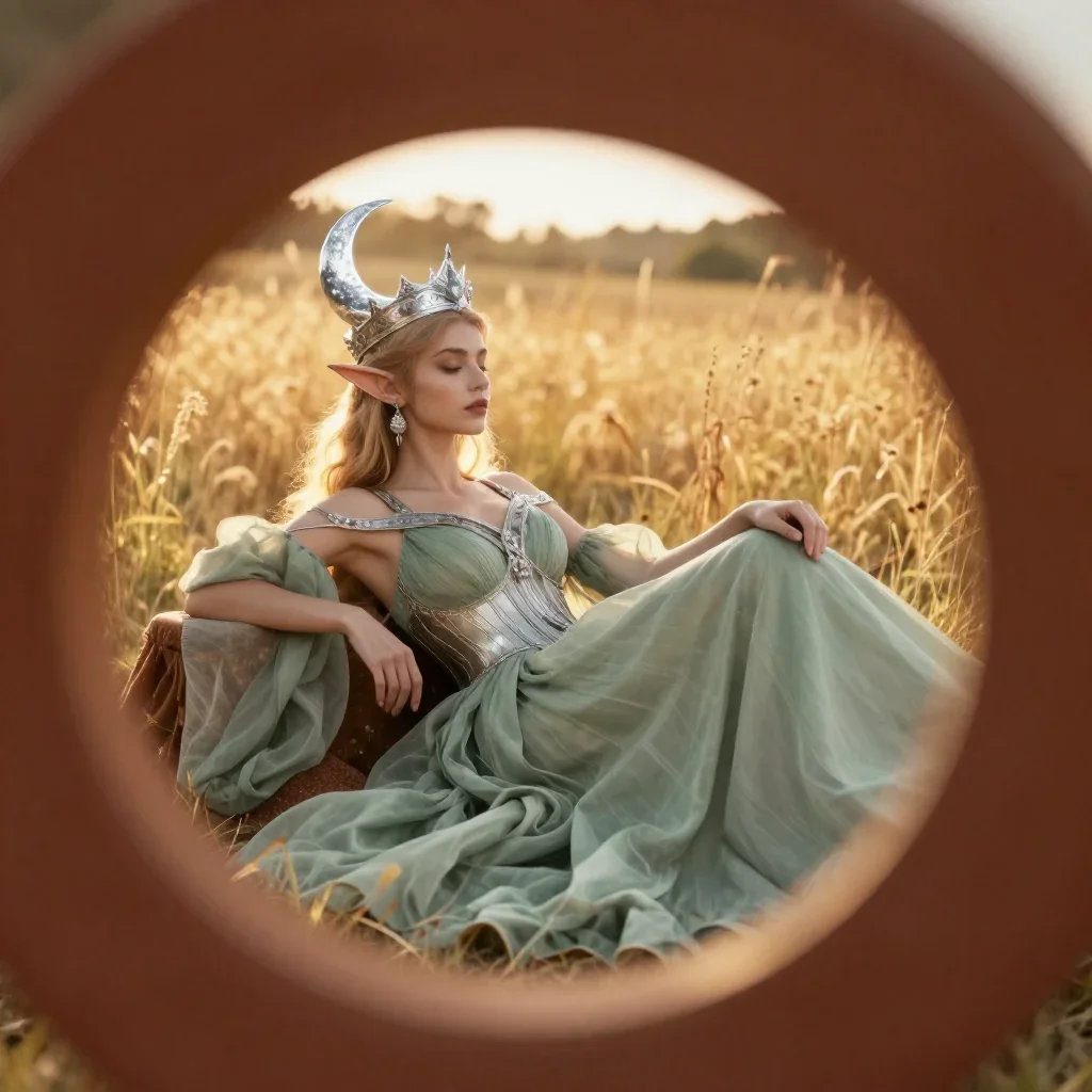 an elven queen in a moonlit silver crown reclining elegantly on a chaise, in a backlit golden-hour field, high-fashion r