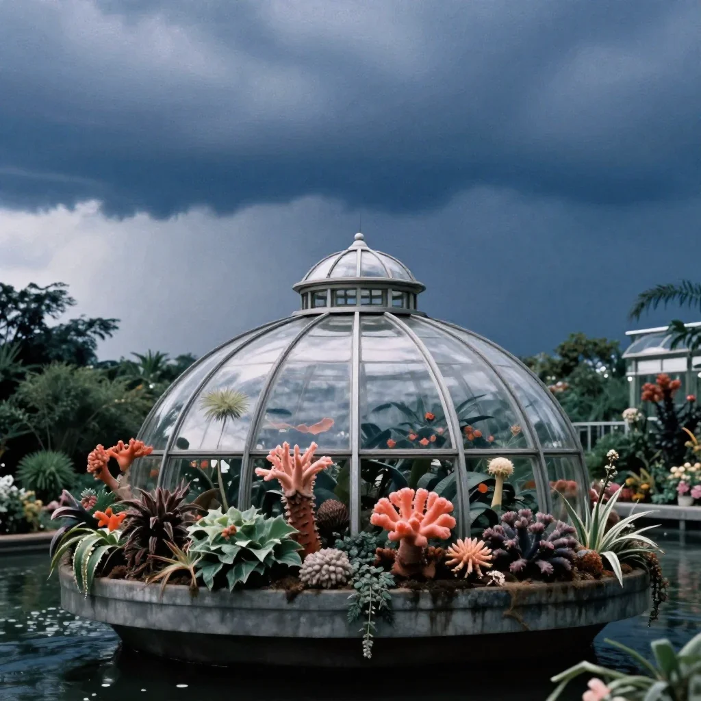 a floating botanical conservatory after a distant thunderstorm, soft-grain analog film photography, restrained color har