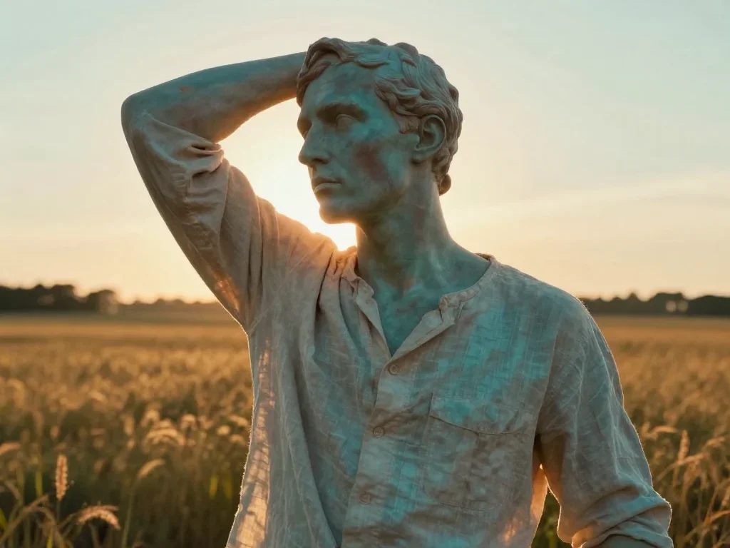 a sculptor at rest in a linen shirt, dust-hazed mid-turn with fabric catching the light, in a backlit golden-hour field,