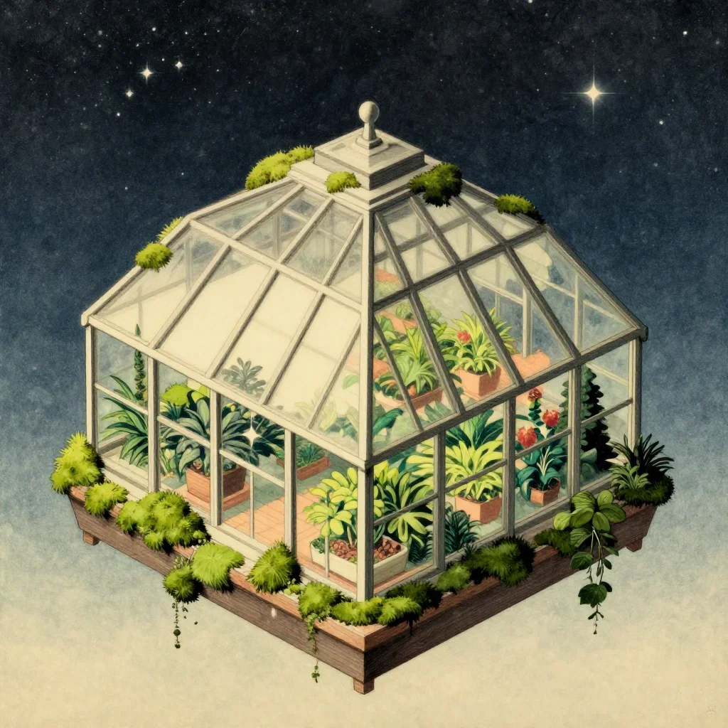 a floating botanical conservatory beneath a star-filled sky, Japanese woodblock-inspired editorial art, careful geometri