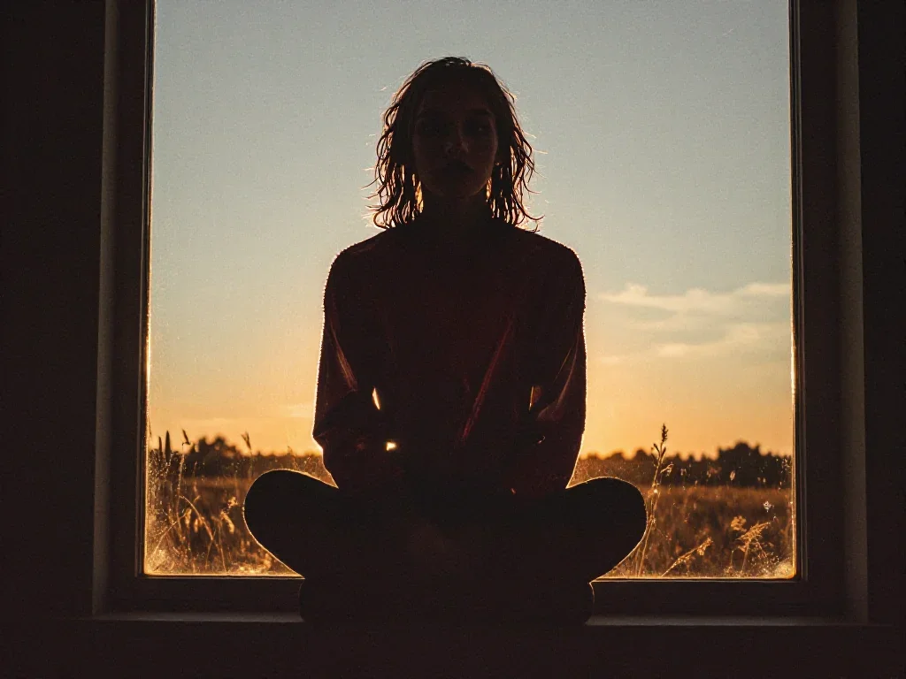 a streetwear influencer with wet-look hair in a seated silhouette against a window, in a backlit golden-hour field, bold