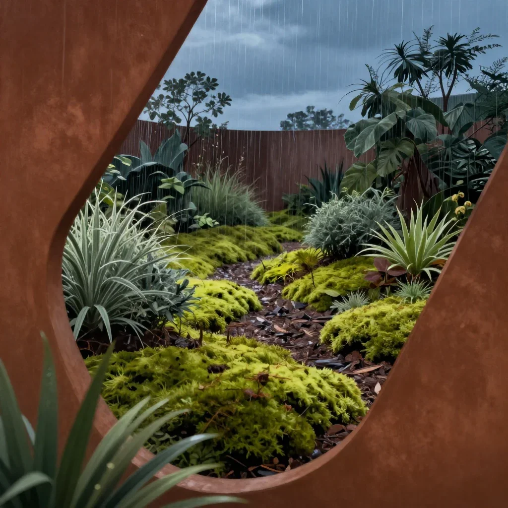a moss garden after rain at blue hour, contemporary botanical illustration, layered foreground framing, rust and sage pa