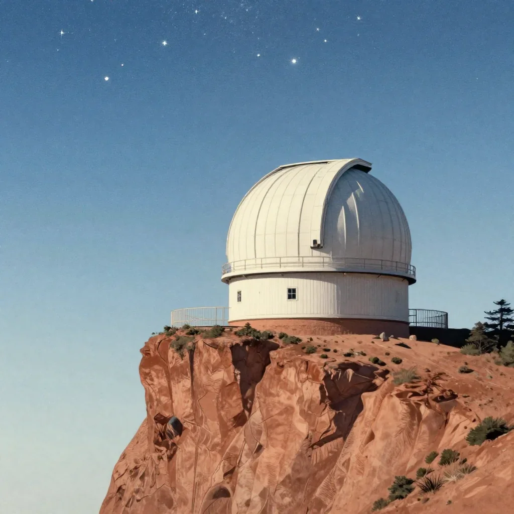 a cliffside observatory beneath a star-filled sky, Japanese woodblock-inspired editorial art, clean natural textures, te