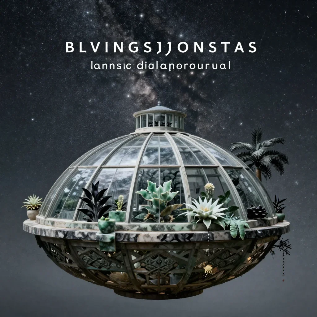 a floating botanical conservatory beneath a star-filled sky, refined editorial travel photography, clean natural texture