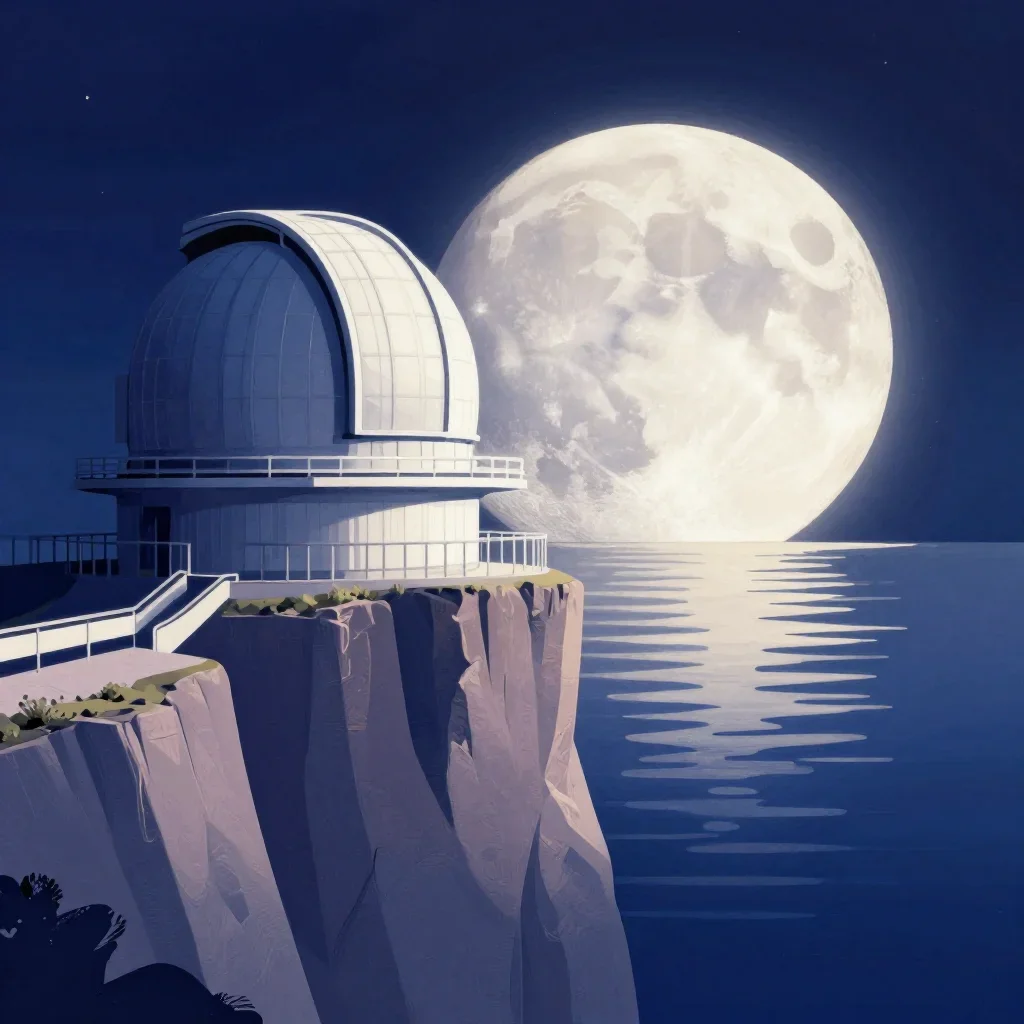 a cliffside observatory at moonrise, modernist poster illustration, gentle reflected light, indigo and pearl palette, no