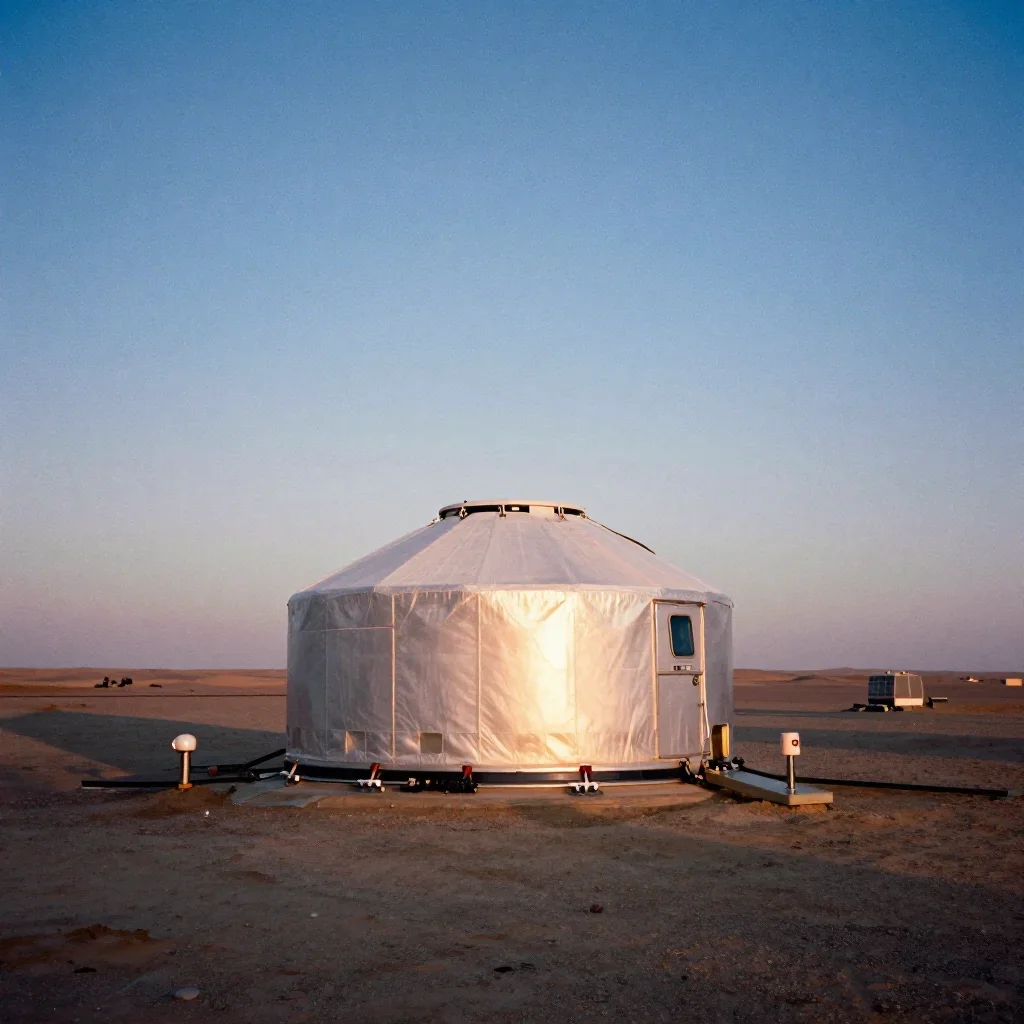 a desert research station during golden hour, soft-grain analog film photography, gentle reflected light, indigo and pea
